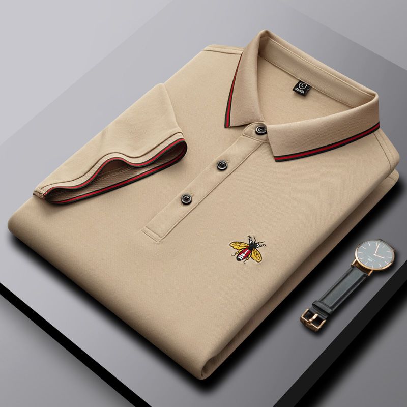 Men’s Premium Beige Polo T-Shirt with Striped Collar & Embroidered Bee Logo