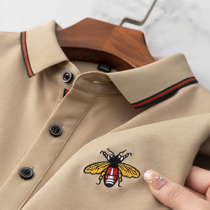 Men’s Premium Beige Polo T-Shirt with Striped Collar & Embroidered Bee Logo
