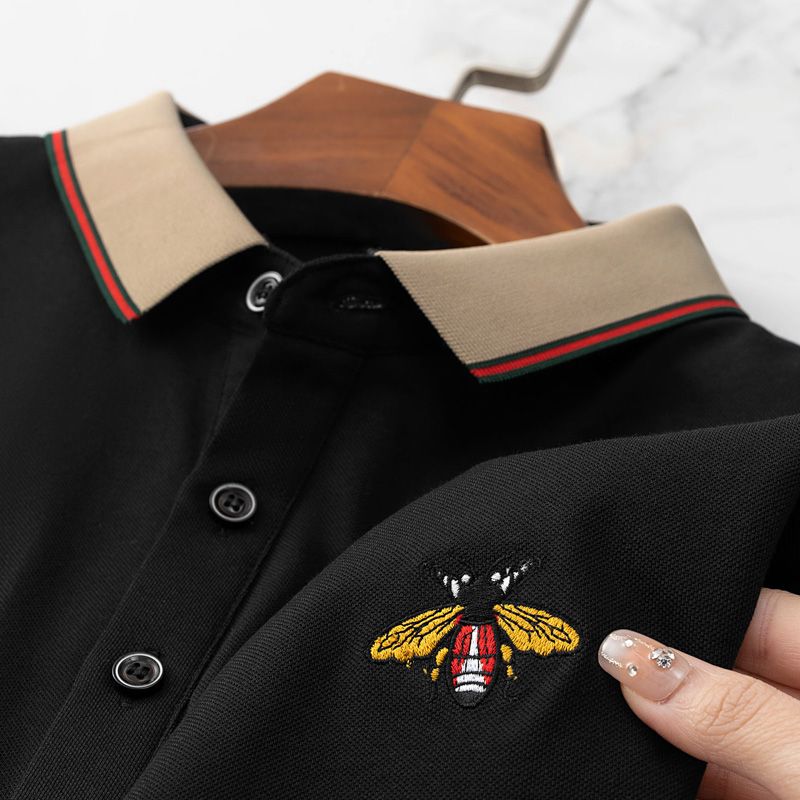Men’s Premium Black Polo T-Shirt with Contrast Beige Collar & Embroidered Bee Logo