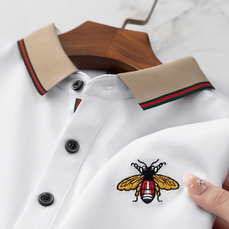 Men’s Premium White Polo T-Shirt with Contrast Beige Collar & Embroidered Bee Logo