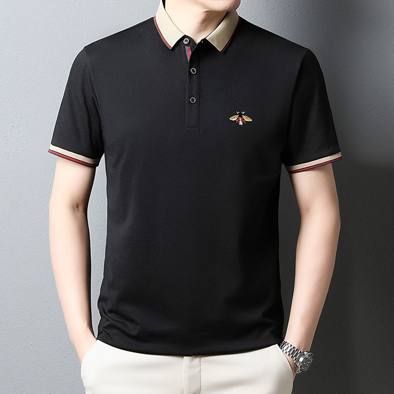 Men’s Premium Black Polo T-Shirt with Contrast Beige Collar & Embroidered Bee Logo