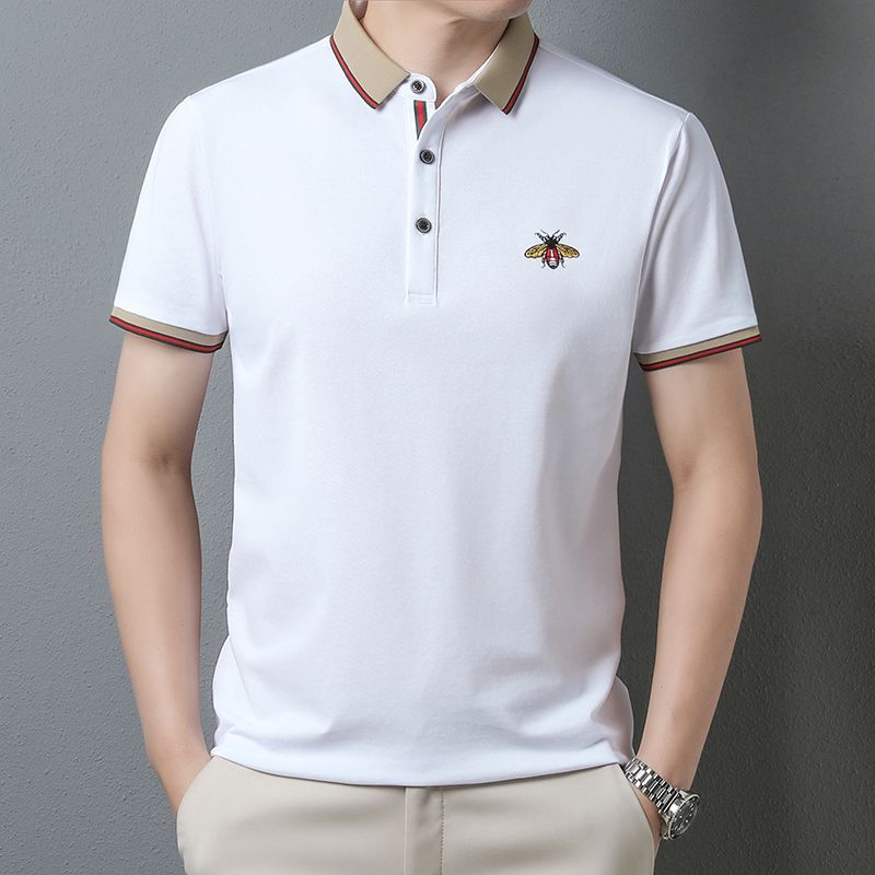 Men’s Premium White Polo T-Shirt with Contrast Beige Collar & Embroidered Bee Logo