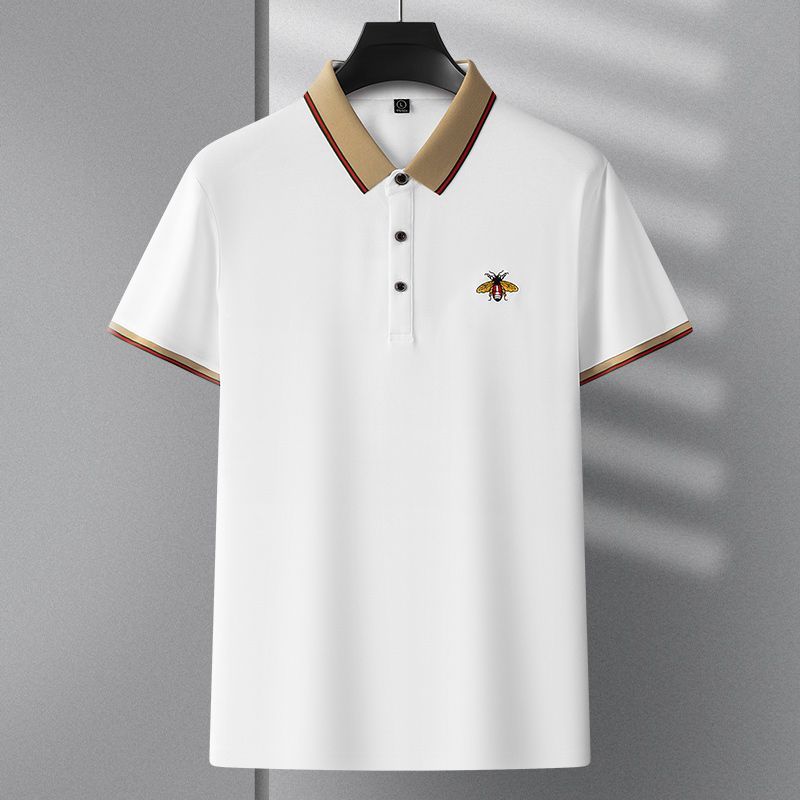 Men’s Premium White Polo T-Shirt with Contrast Beige Collar & Embroidered Bee Logo