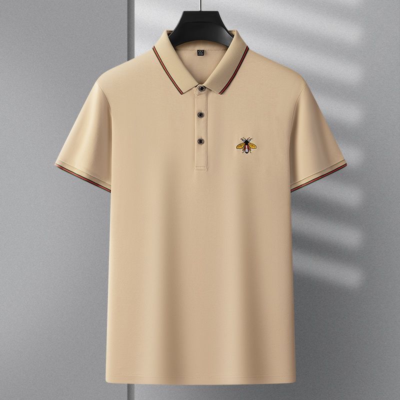 Men’s Premium Beige Polo T-Shirt with Striped Collar & Embroidered Bee Logo