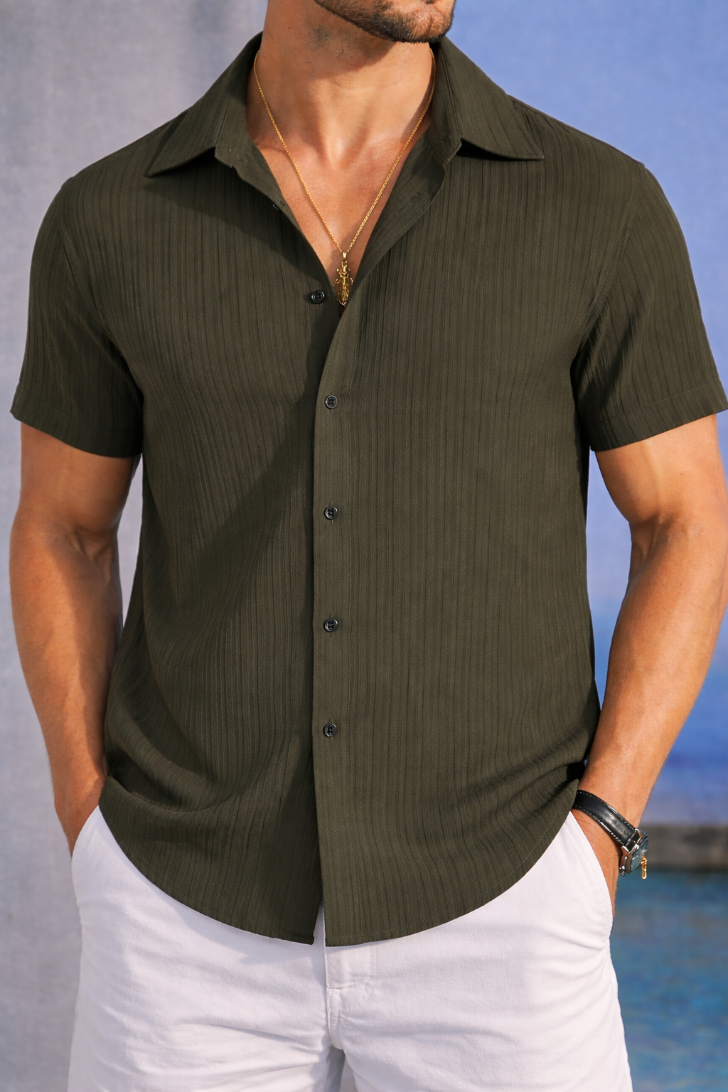 Men’s Olive Green Ribbed Textured Shirt – Premium Casual Resort Collar Shirt