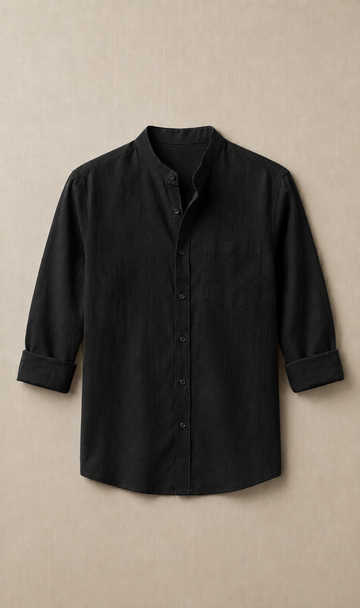 Men’s Solid Black Mandarin Collar Full Sleeve Shirt