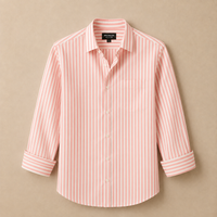 Men's Light Peach & White Vertical Striped Cotton Casual Shirt
