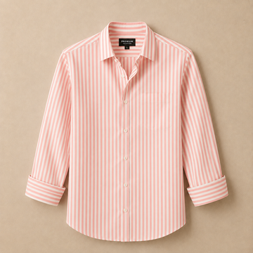 Men's Light Peach & White Vertical Striped Cotton Casual Shirt