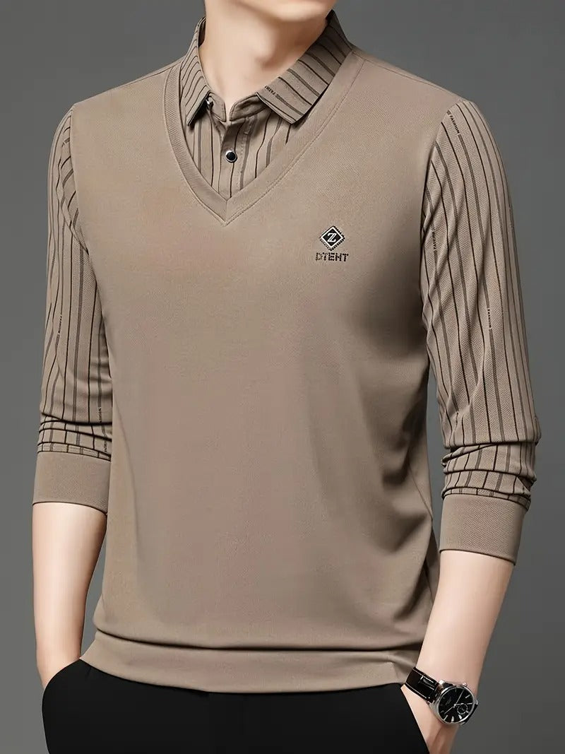 Taupe V-Neck Layered Shirt for Effortless Elegance