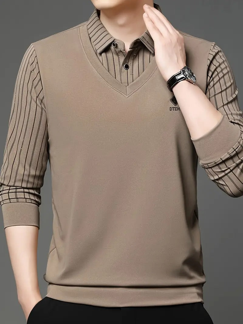 Taupe V-Neck Layered Shirt for Effortless Elegance
