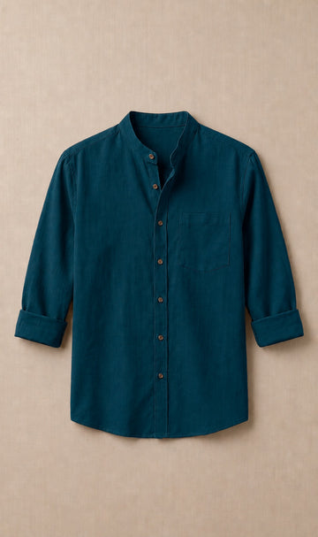 Men's Teal Mandarin Collar Cotton Shirt