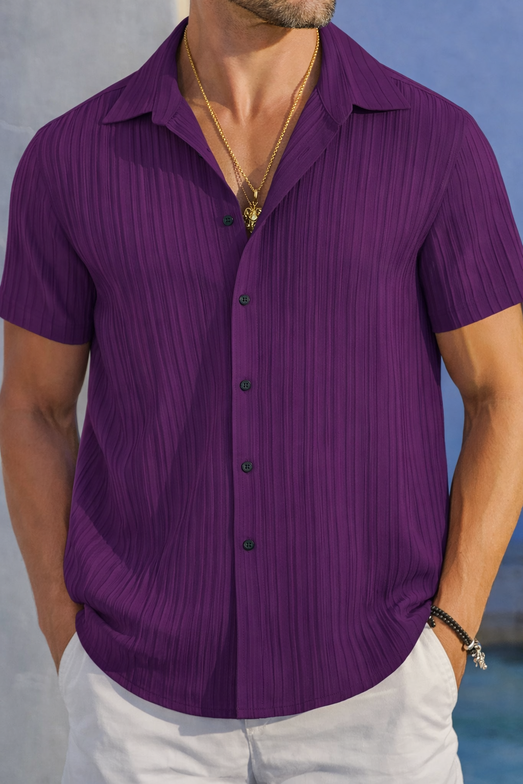 Men’s Deep Purple Ribbed Texture Shirt – Premium Casual Resort Shirt