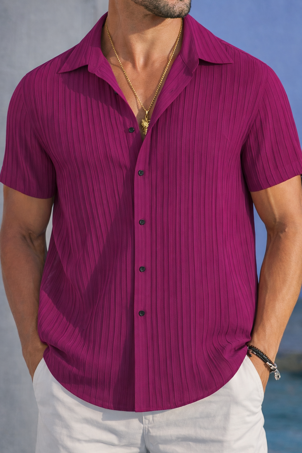 Men’s Melon Ribbed Textured Casual Shirt – Premium Resort Collar Summer Shirt