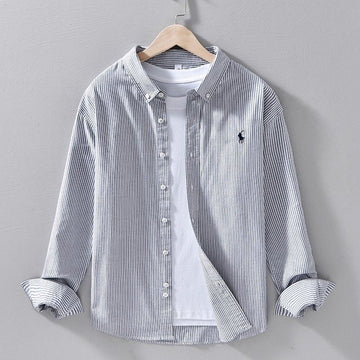 Men’s Classic Grey & White Striped Cotton Shirt – Smart Casual Button-Down
