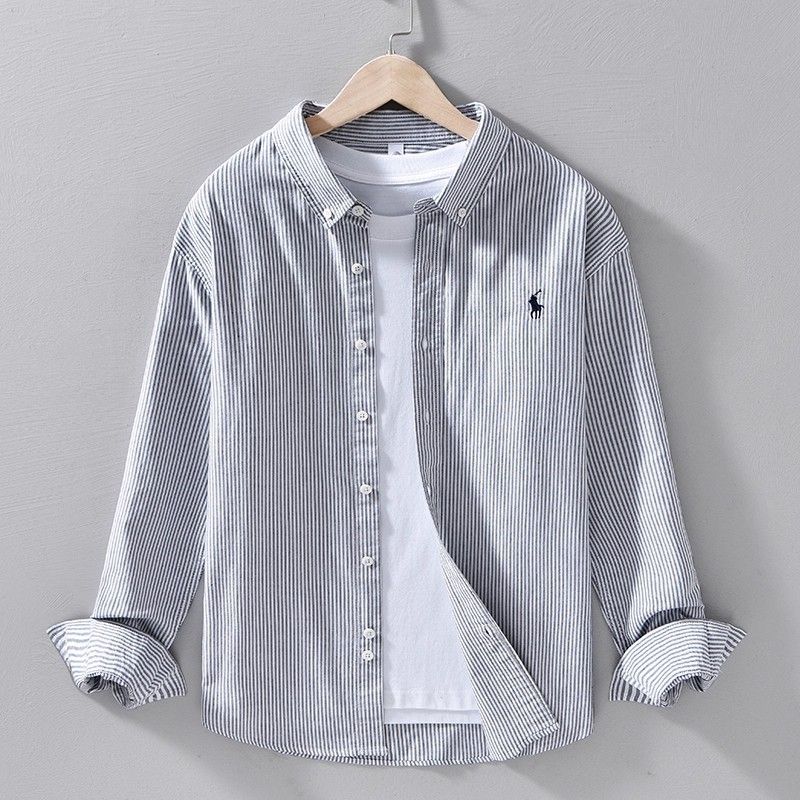 Men’s Classic Grey & White Striped Cotton Shirt – Smart Casual Button-Down
