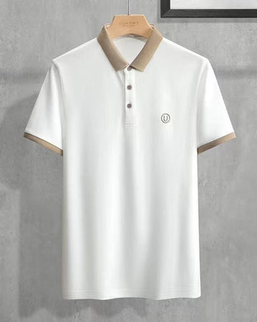 Men’s White Polo T-Shirt with Beige Collar – Premium Cotton Blend Casual Polo