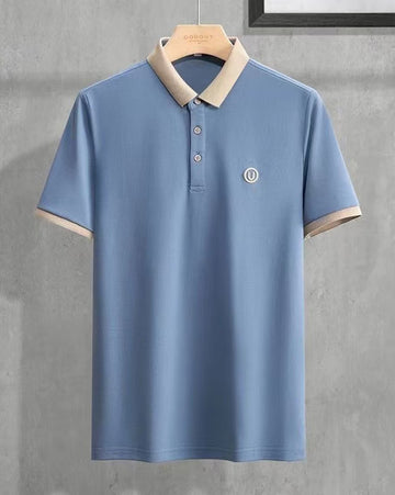 Men’s Sky Blue Polo T-Shirt with Beige Collar – Premium Cotton Blend Casual Wear