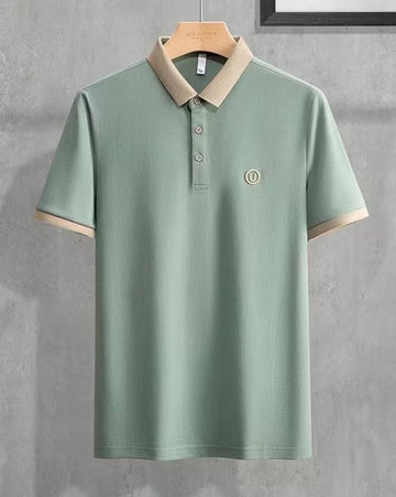 Men’s Pista Green Polo T-Shirt with Beige Collar – Premium Contrast Design Casual Wear