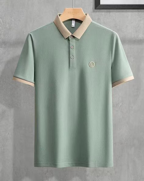 Men’s Pista Green Polo T-Shirt with Beige Collar – Premium Contrast Design Casual Wear