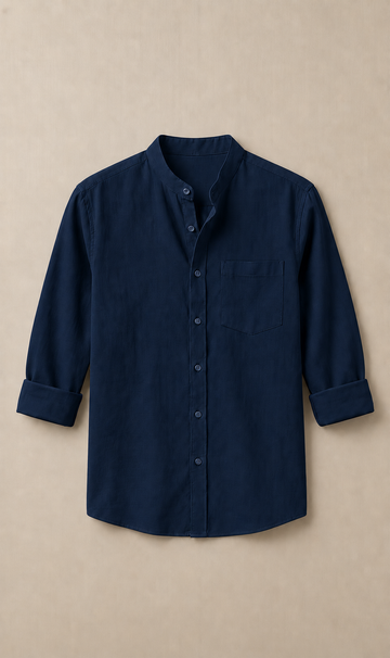 Men's Navy Blue Mandarin Collar Cotton Shirt
