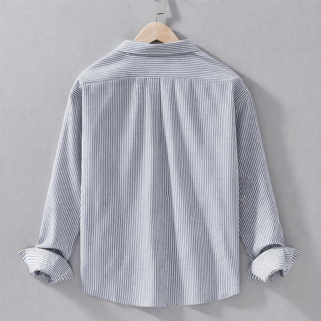 Men’s Classic Grey & White Striped Cotton Shirt – Smart Casual Button-Down