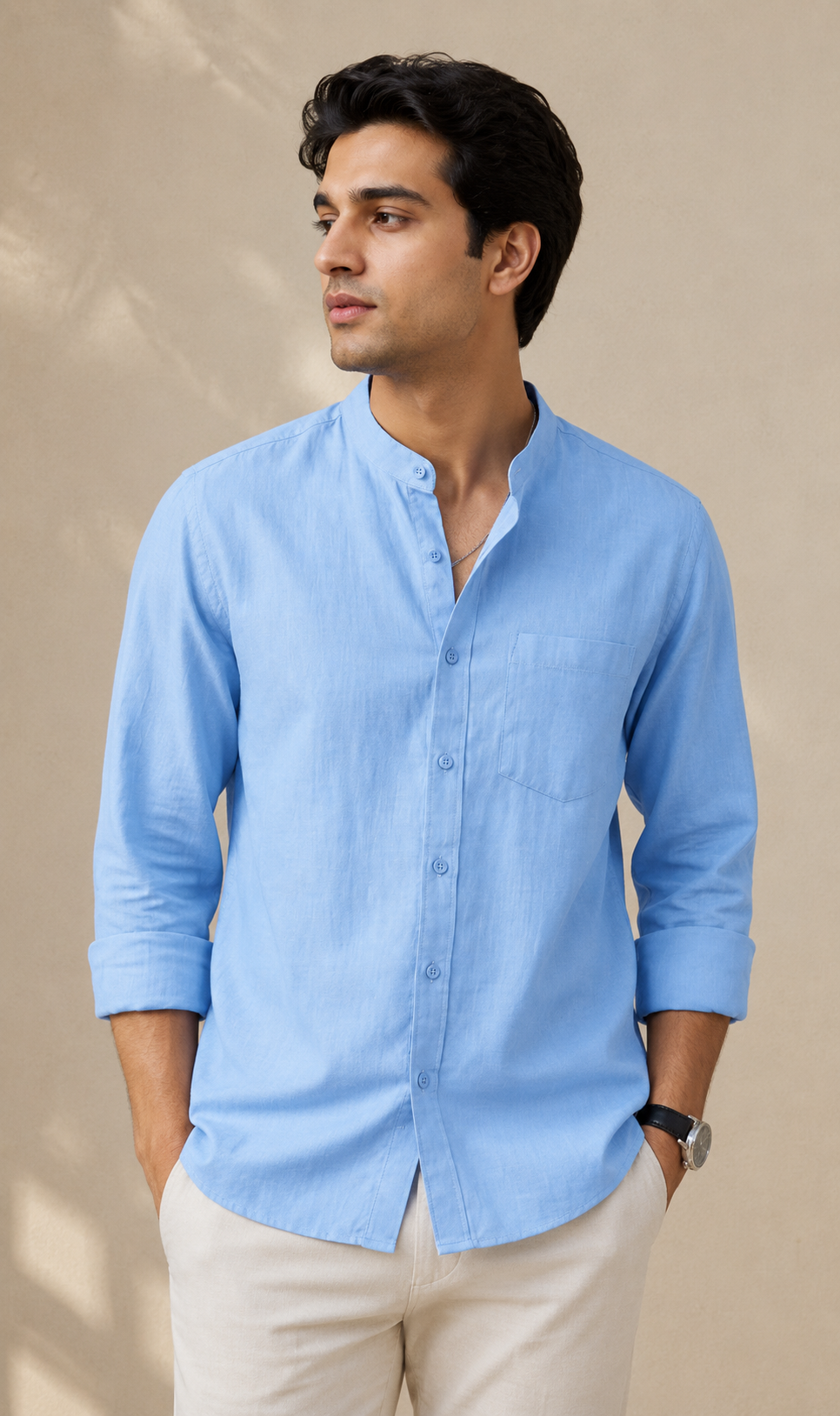 Premium Sky Blue Mandarin Collar Shirt for Men