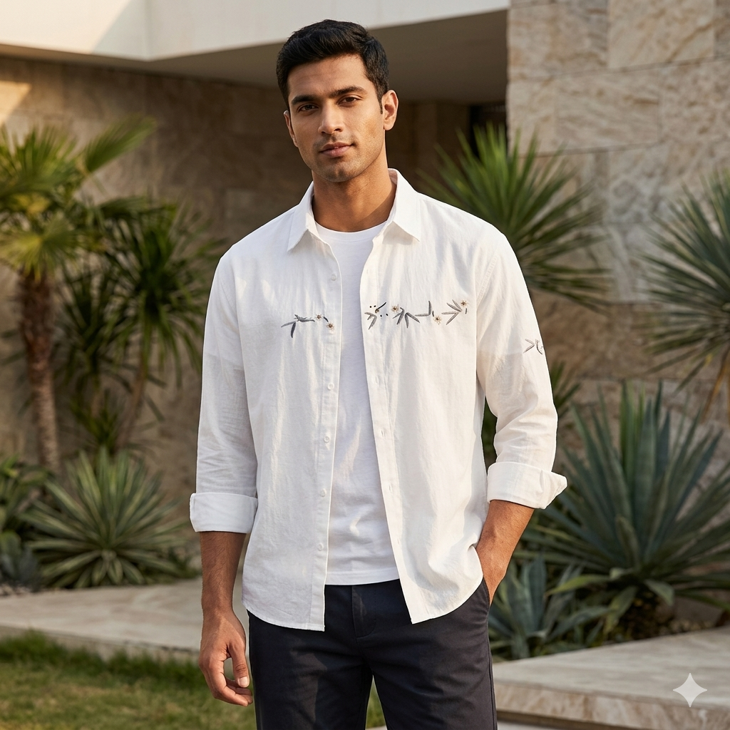 Men’s Premium Summer Shirt – White | Minimal Embroidered Casual Shirt