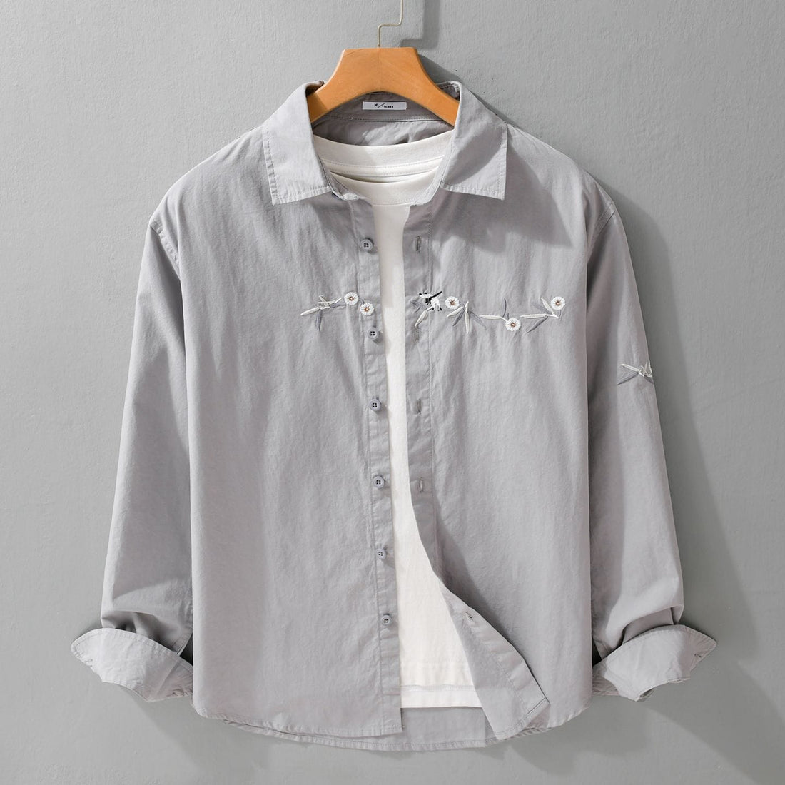 Men’s Lightweight Casual Shirt – Grey | Floral Embroidered Summer Wear