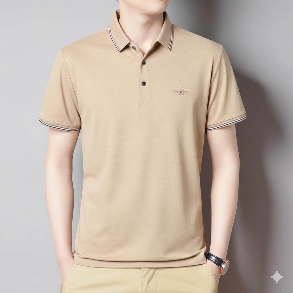 Men’s Premium Beige Polo T-Shirt with Contrast Trim & Embroidered Logo