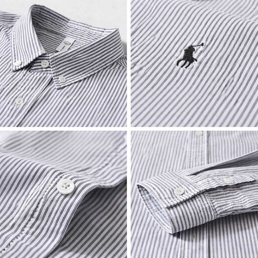 Men’s Classic Grey & White Striped Cotton Shirt – Smart Casual Button-Down