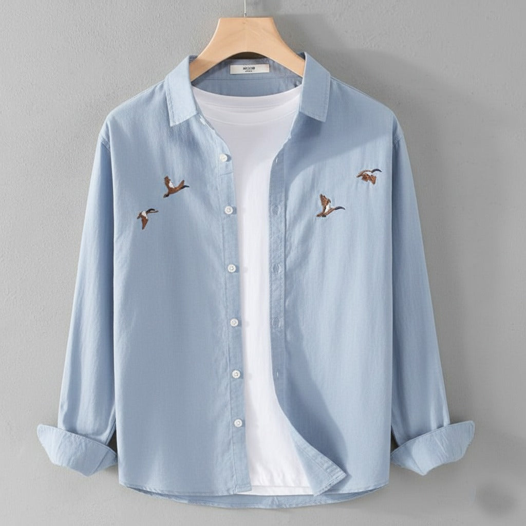 Light Blue Comfort Shirt with Minimal Bird Embroidery