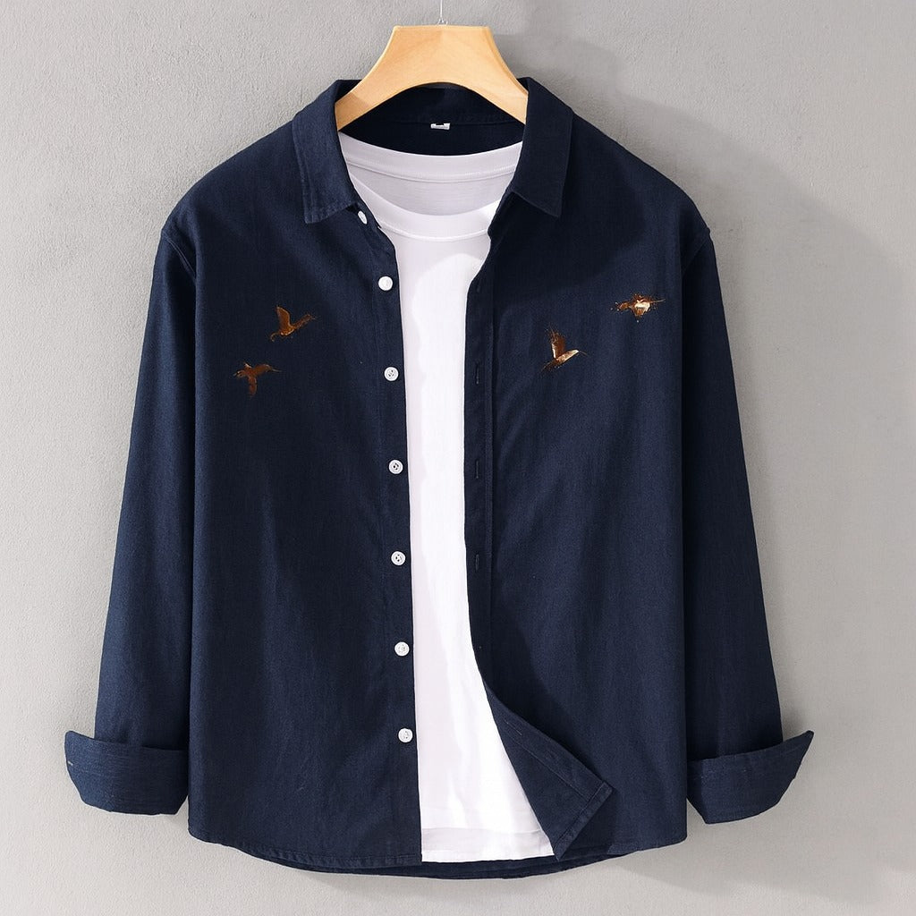 Navy Blue Shirt with Signature Bird Embroidery